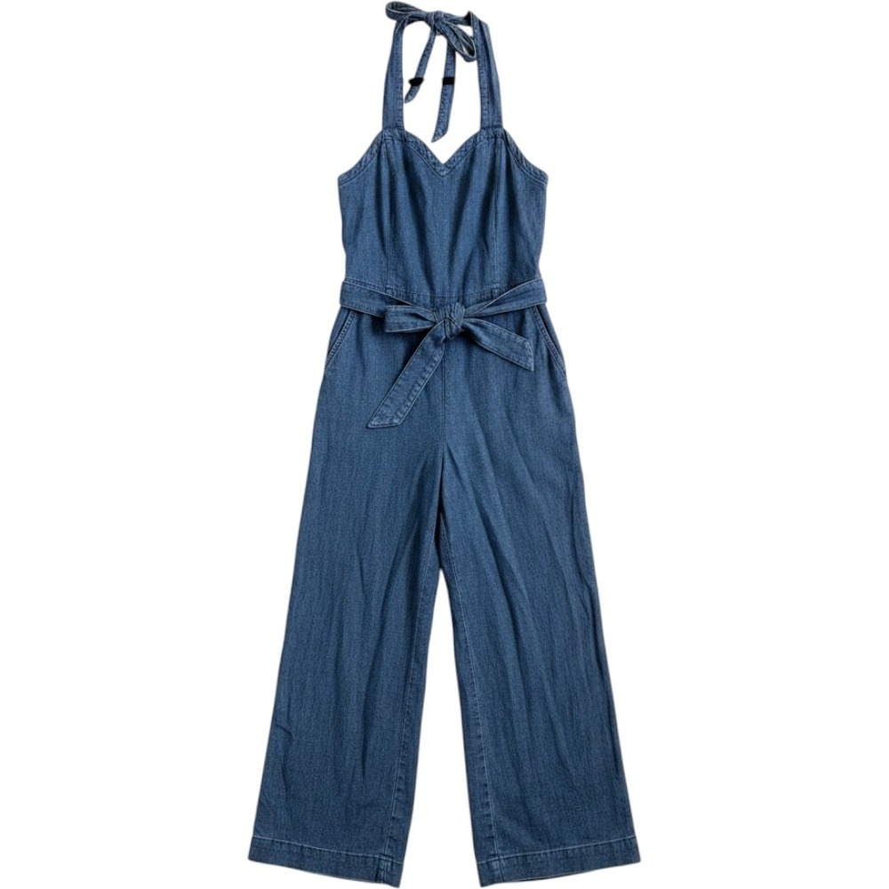 Kardashian Kollection Women Jumpsuit 12 Blue Kim Wide Leg Halter Denim Tie Waist